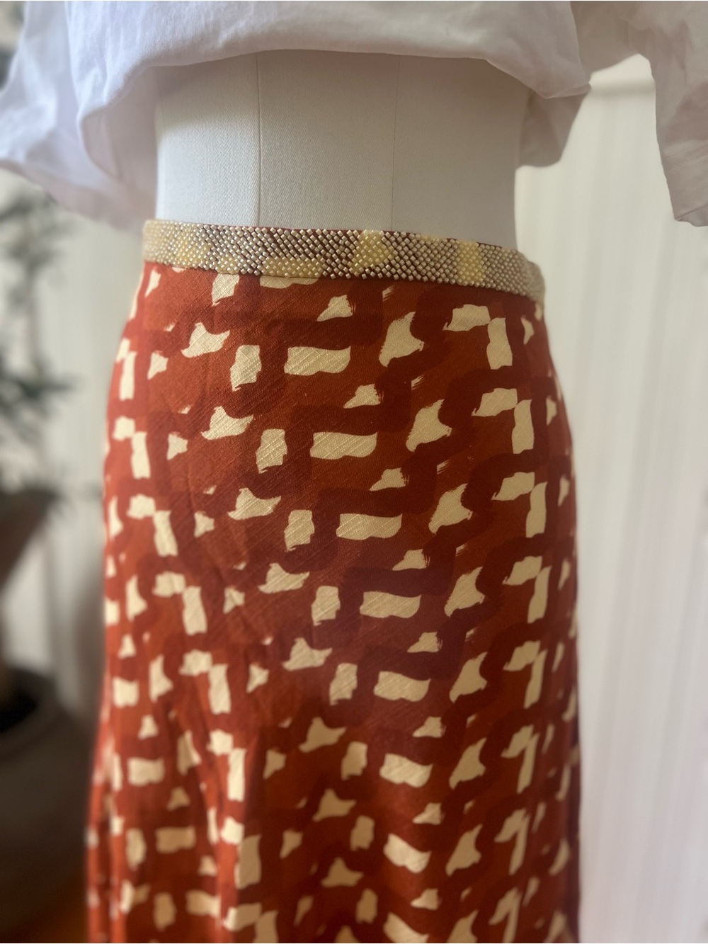 Zara Printed Maxi Skirt Beaded Waist Rust Cream A-Line NWT Women's Size Medium - Picture 2 of 6